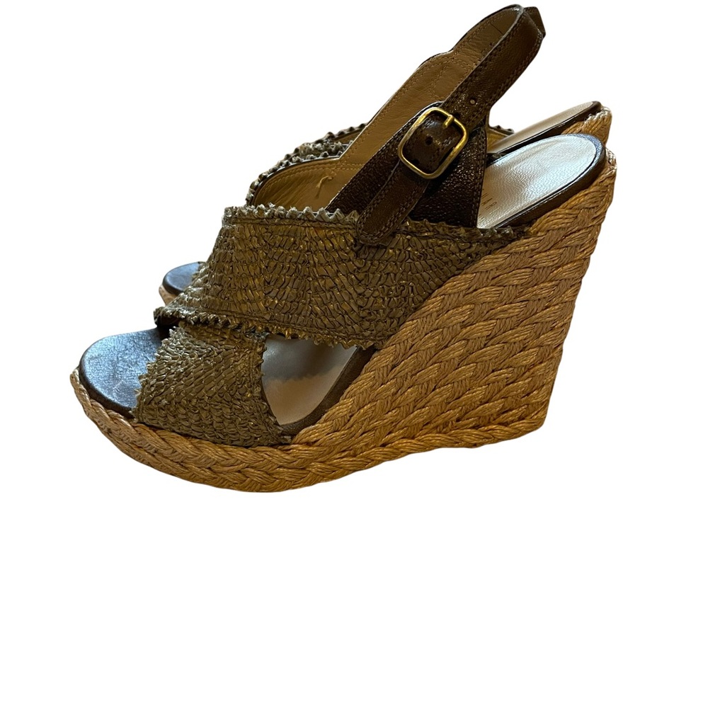 Stuart Weitzman Alex Raffia Green Wedge Shoes Siz… - image 2